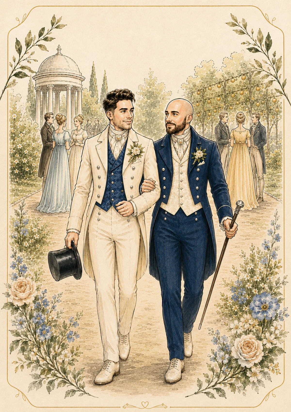 Jérémy et Nicolas avançant ensemble dans les jardins